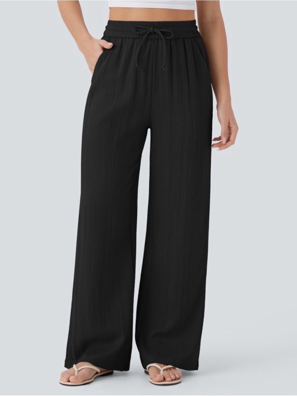 Halara Black Wide-Leg Drawstring Linen-Feel Pants